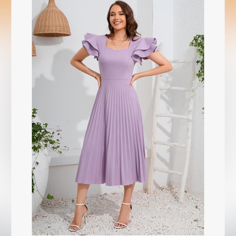 dress featuring a square neckline, short ruffled sleeves, and a pleated design.”